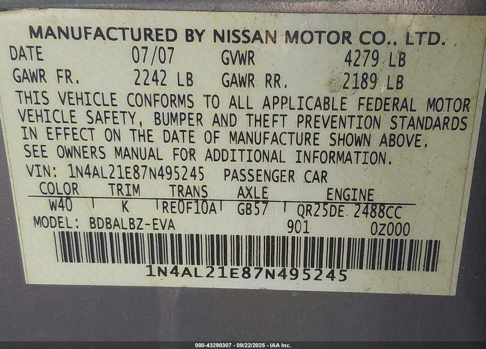 2007 NISSAN ALTIMA 2.5 S VIN: 1N4AL21E87N495245