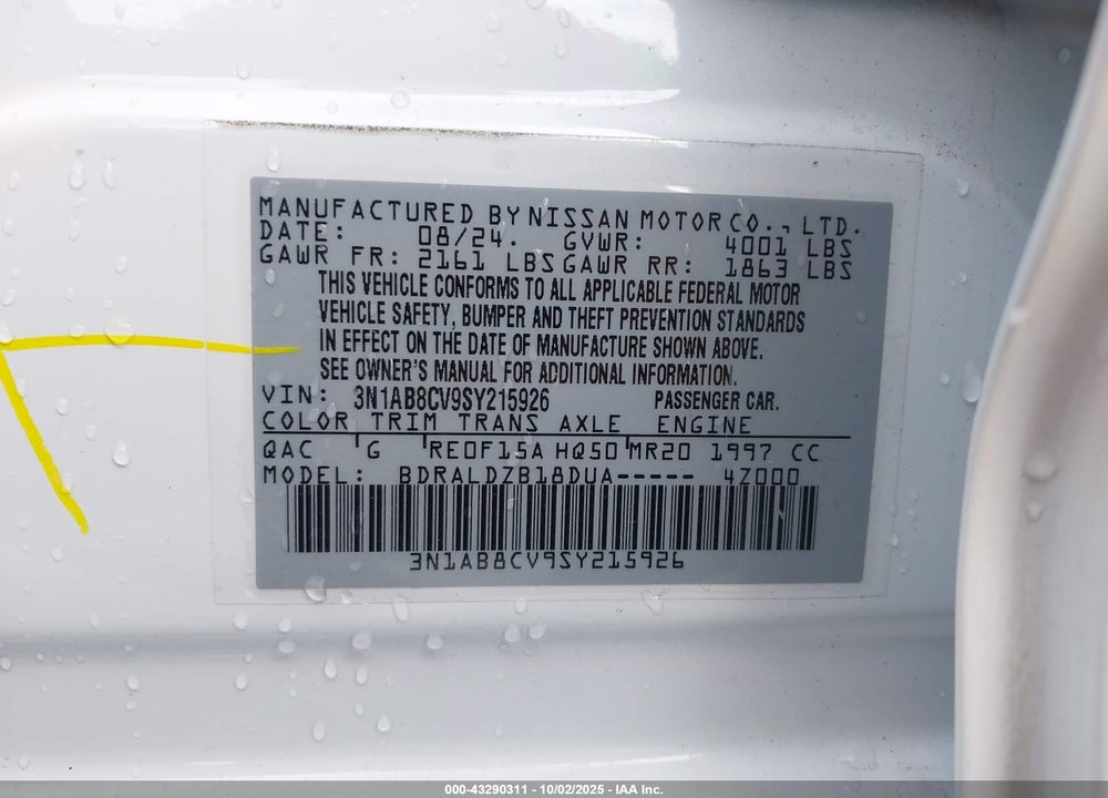 2025 NISSAN SENTRA SV VIN: 3N1AB8CV9SY215926