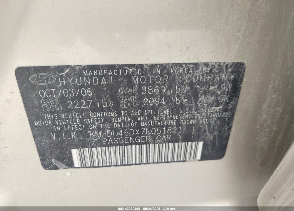 2007 HYUNDAI ELANTRA VIN: KMHDU46DX7U051821