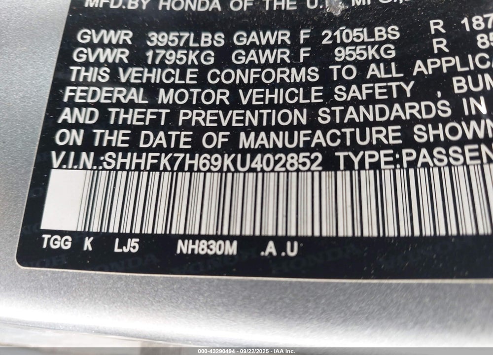 2019 HONDA CIVIC EX VIN: SHHFK7H69KU402852