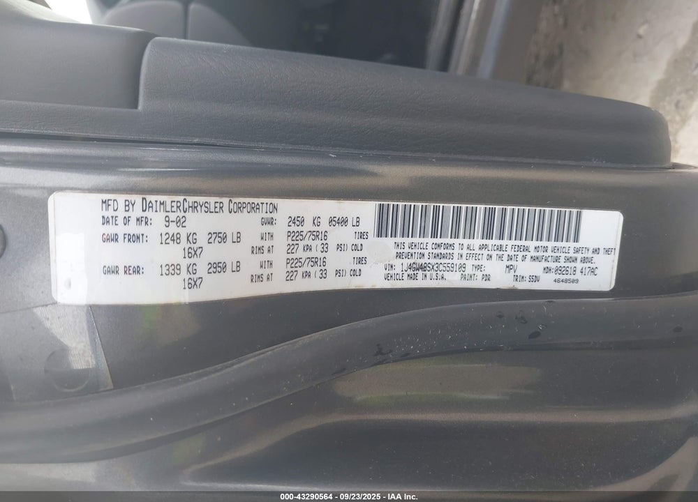 2003 JEEP GRAND CHEROKEE LAREDO VIN: 1J4GW48SX3C559109