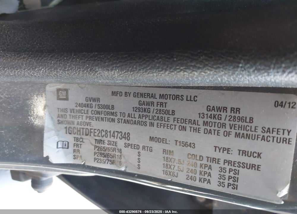 2012 CHEVROLET COLORADO VIN: 1GCHTDFE2C8147348