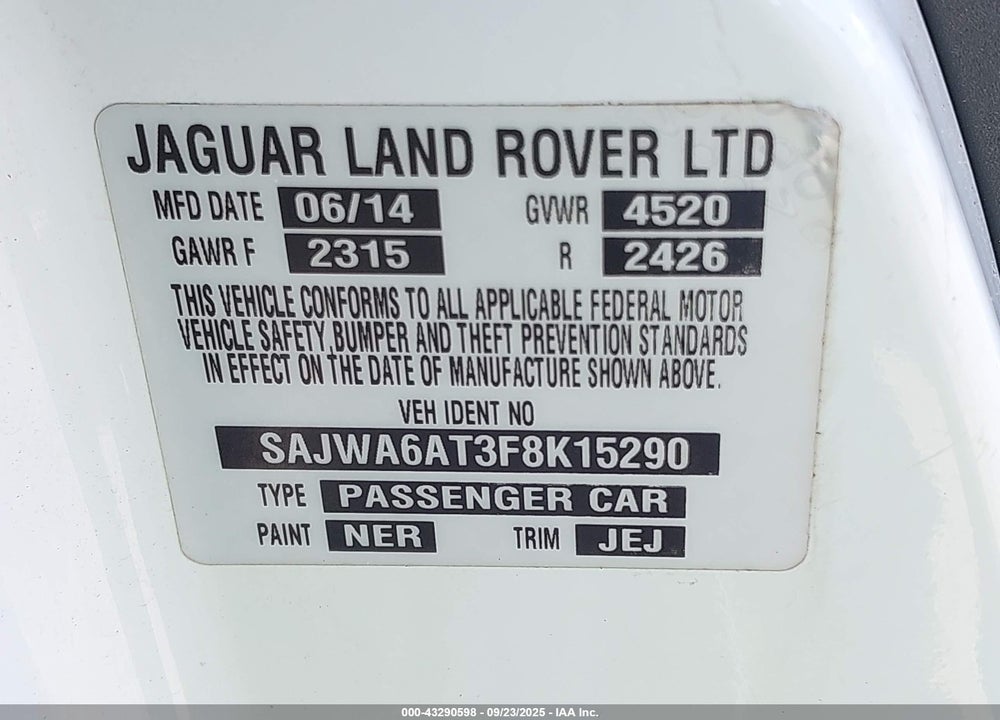 2015 JAGUAR F-TYPE VIN: SAJWA6AT3F8K15290