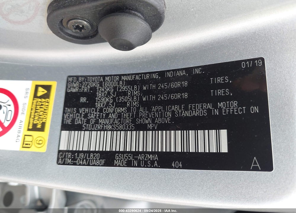 2019 TOYOTA HIGHLANDER VIN: 5TDJZRFH8KS580335