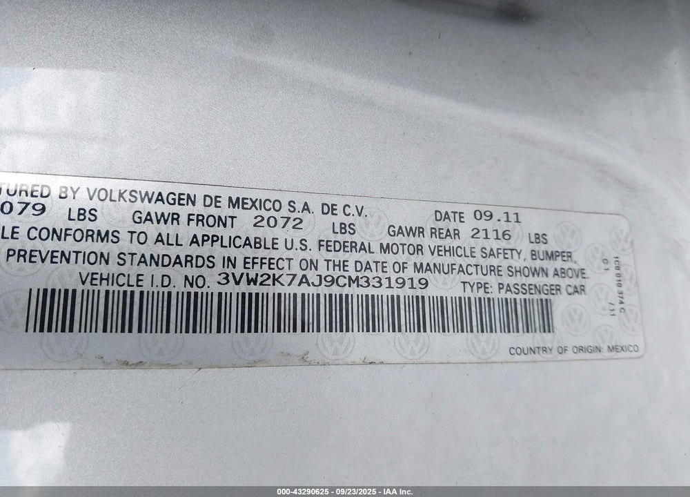 2012 VOLKSWAGEN JETTA VIN: 3VW2K7AJ9CM331919