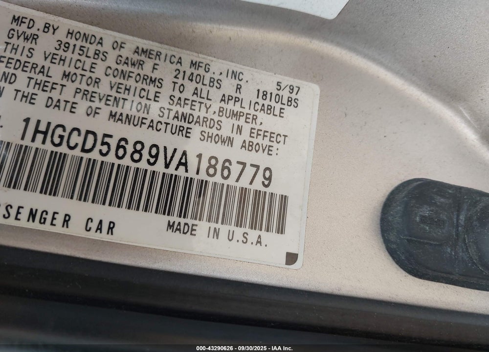 1997 HONDA ACCORD VALUE VIN: 1HGCD5689VA186779