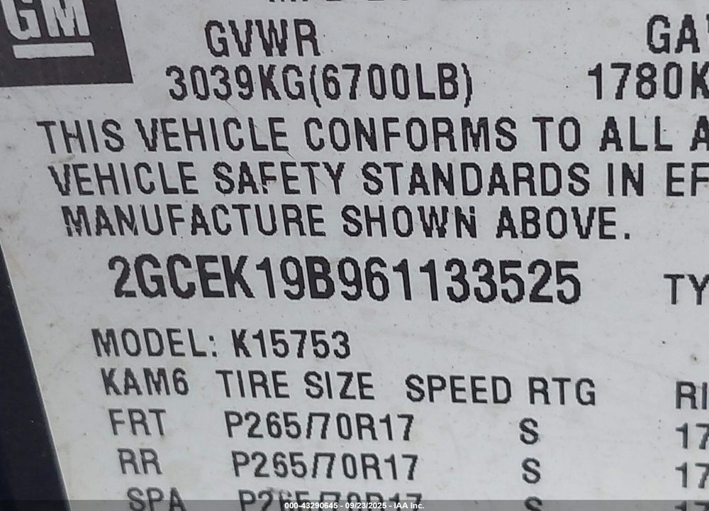 2006 CHEVROLET SILVERADO 1500 VIN: 2GCEK19B961133525