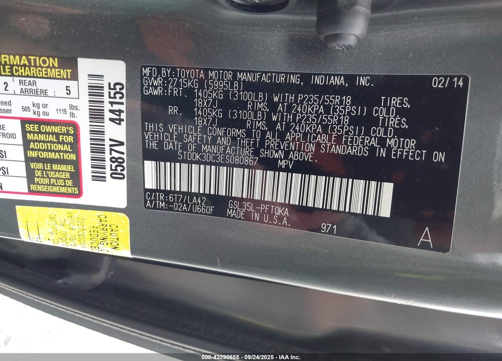 2014 TOYOTA SIENNA LIMITED 7 PASSENGER VIN: 5TDDK3DC3ES080867