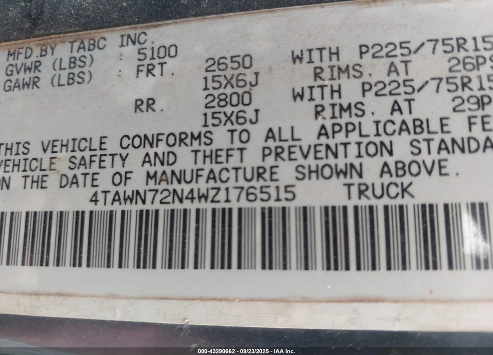 1998 TOYOTA TACOMA BASE V6 VIN: 4TAWN72N4WZ176515