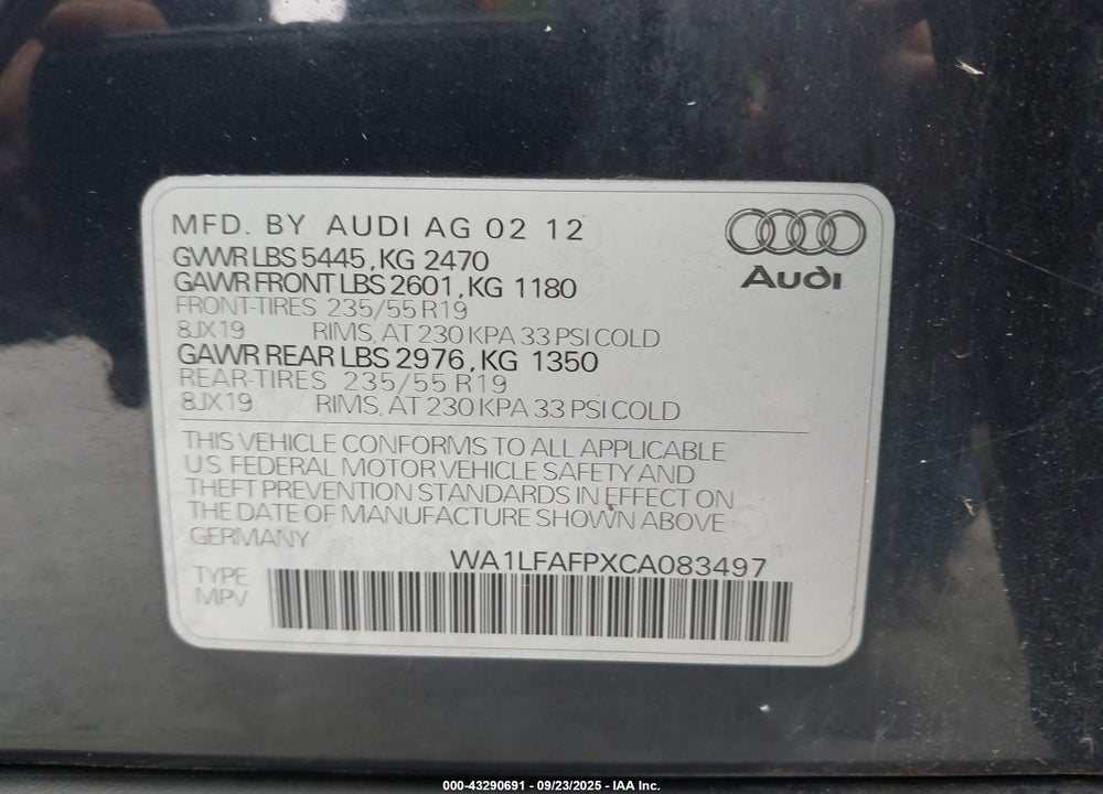 2012 AUDI Q5 VIN: WA1LFAFPXCA083497