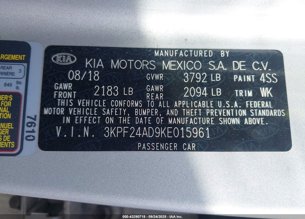 2019 KIA FORTE VIN: 3KPF24AD9KE015961
