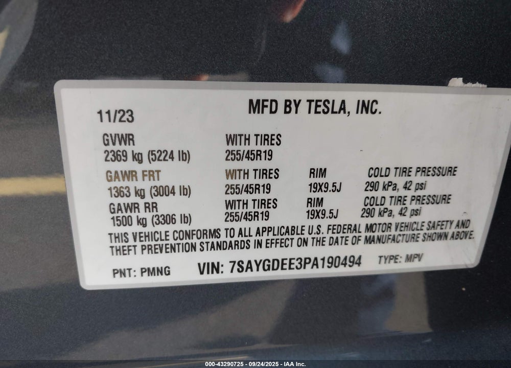 2023 TESLA MODEL Y AWD/LONG RANGE DUAL MOTOR ALL-WHEEL DRIVE VIN: 7SAYGDEE3PA190494