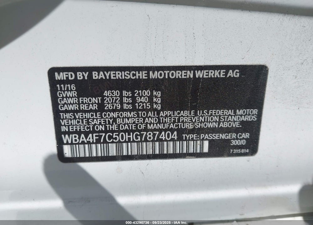 2017 BMW 430I GRAN COUPE VIN: WBA4F7C50HG787404