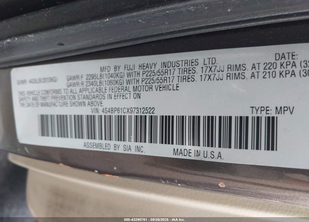 2009 SUBARU OUTBACK VIN: 4S4BP61CX97312522