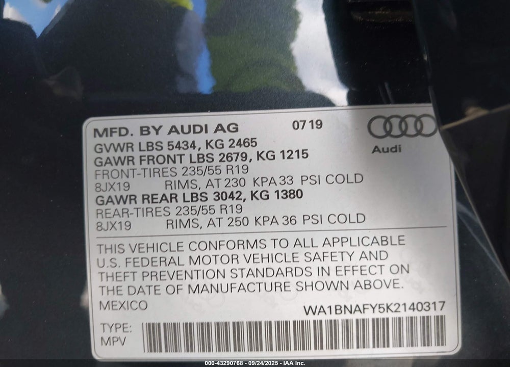 2019 AUDI Q5 45 PREMIUM VIN: WA1BNAFY5K2140317