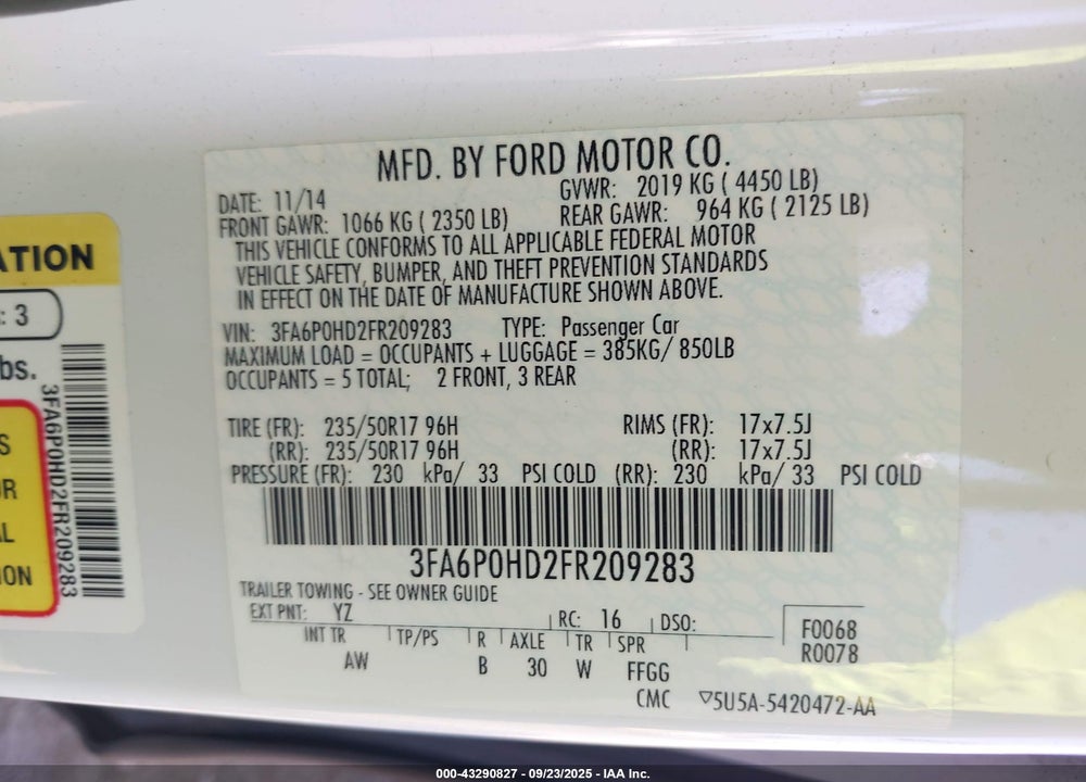 2015 FORD FUSION VIN: 3FA6P0HD2FR209283