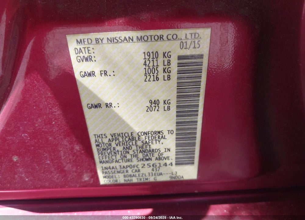 2015 NISSAN ALTIMA 2.5 S VIN: 1N4AL3AP0FC256144