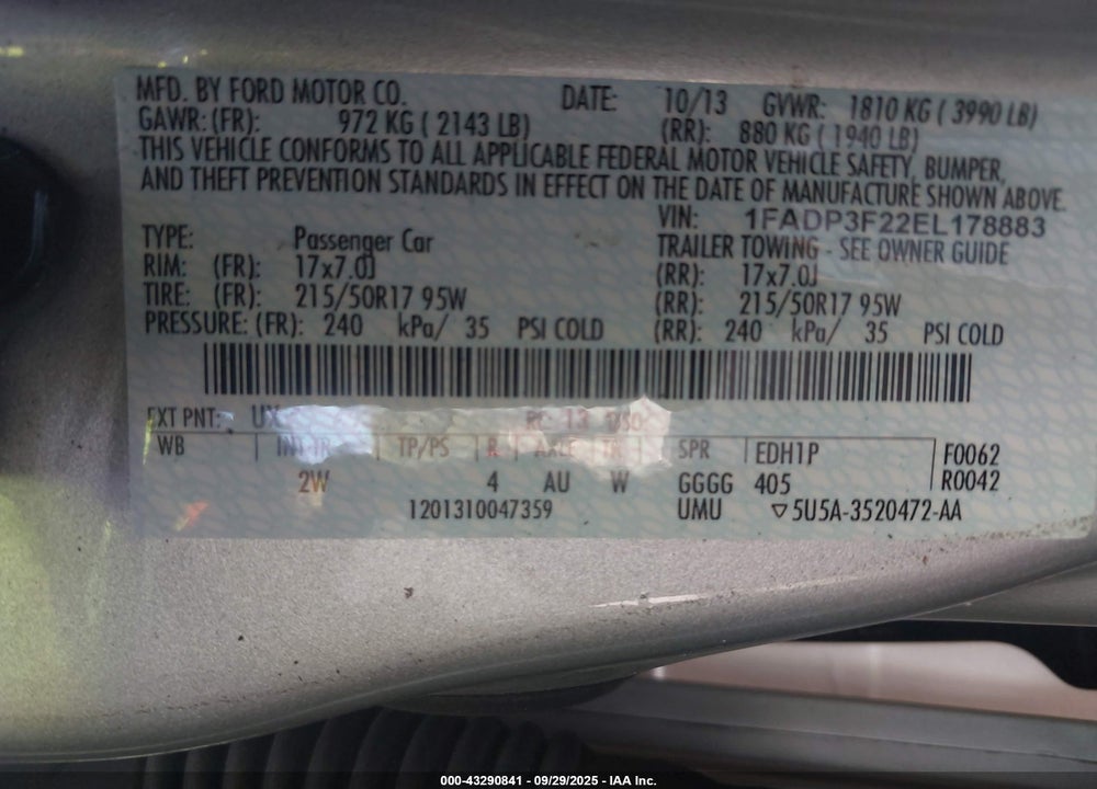 2014 FORD FOCUS SE VIN: 1FADP3F22EL178883
