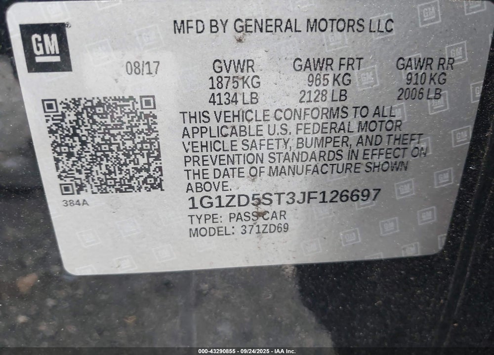 2018 CHEVROLET MALIBU LT VIN: 1G1ZD5ST3JF126697