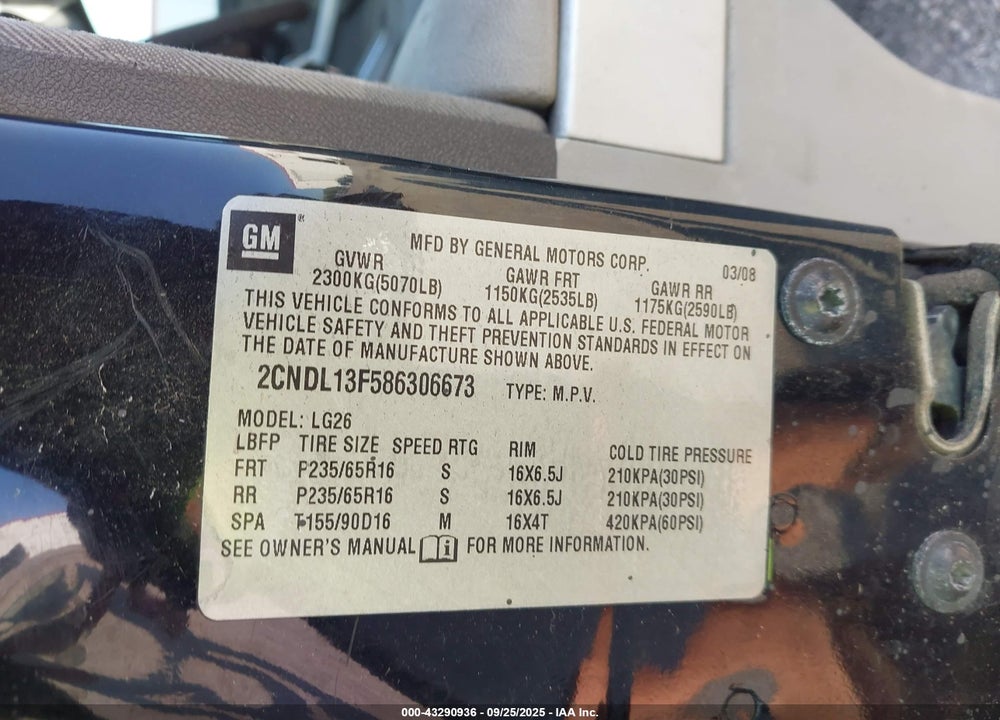 2008 CHEVROLET EQUINOX LS VIN: 2CNDL13F586306673