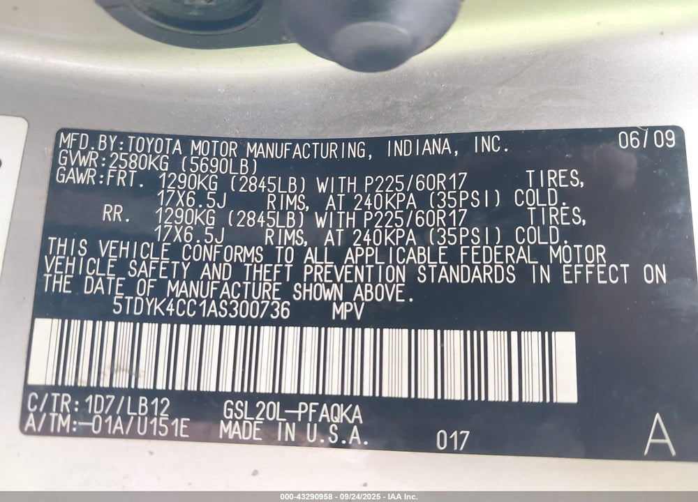 2010 TOYOTA SIENNA XLE VIN: 5TDYK4CC1AS300736
