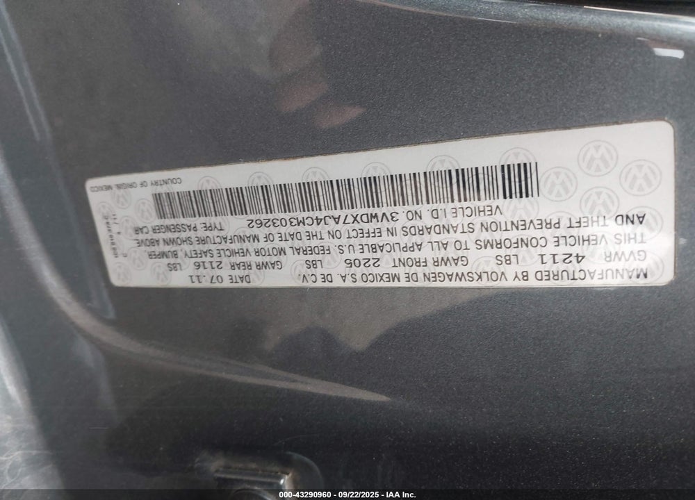 2012 VOLKSWAGEN JETTA 2.5L SE VIN: 3VWDX7AJ4CM303262