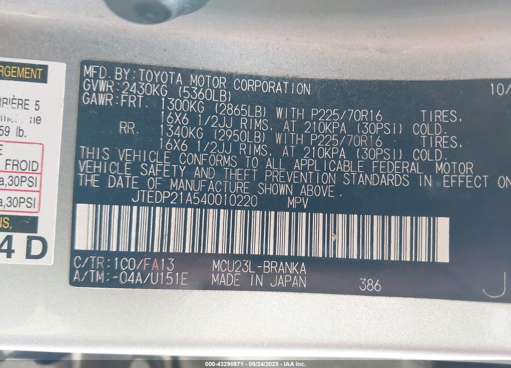 2004 TOYOTA HIGHLANDER V6 VIN: JTEDP21A540010220