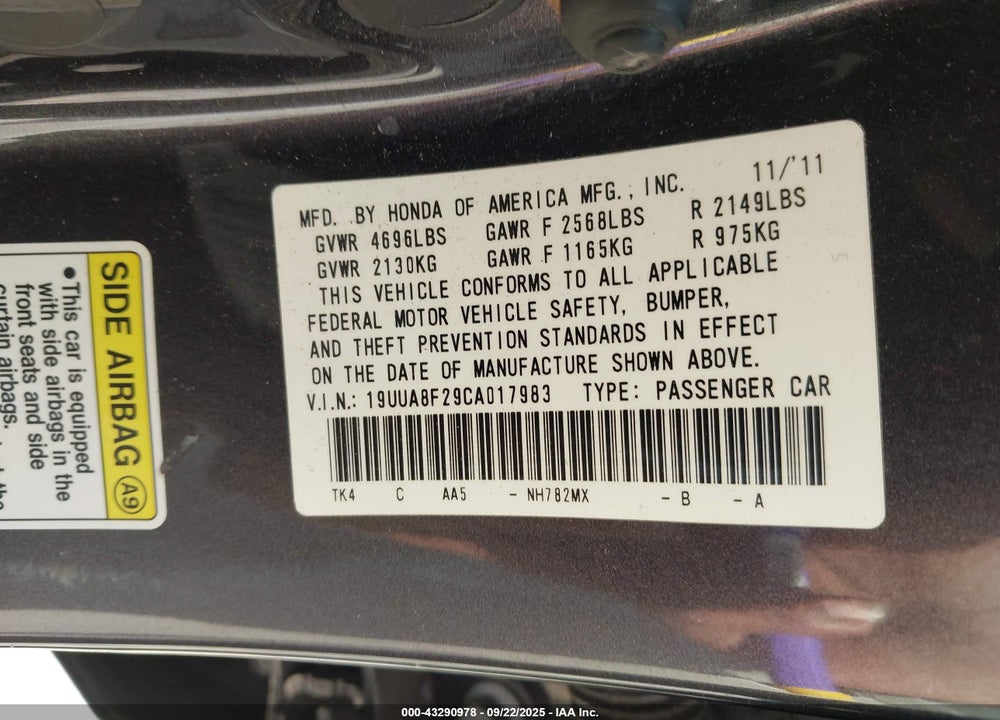 2012 ACURA TL 3.5 VIN: 19UUA8F29CA017983