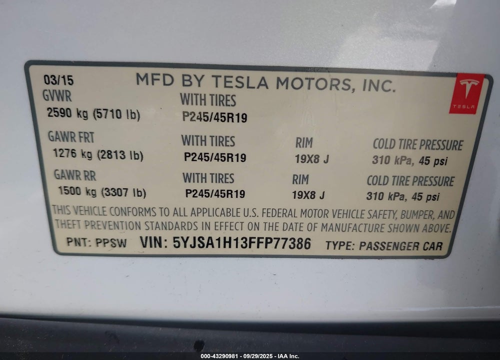 2015 TESLA MODEL S VIN: 5YJSA1H13FFP77386