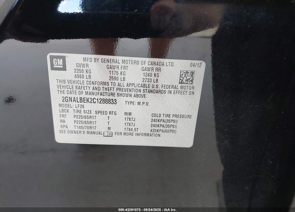 2012 CHEVROLET EQUINOX VIN: 2GNALBEK2C1288833