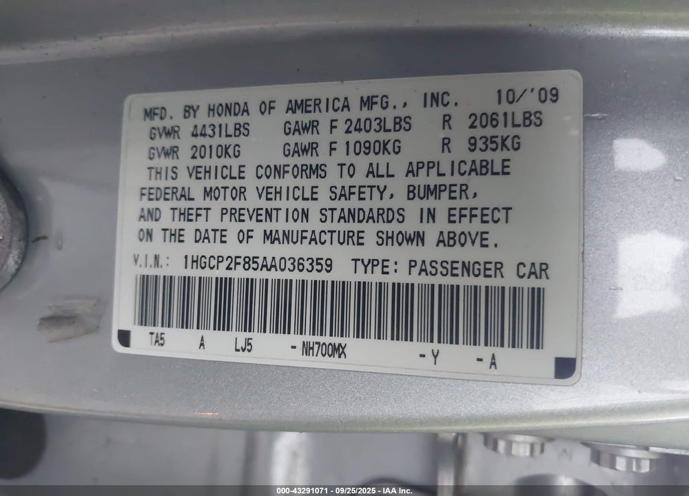2010 HONDA ACCORD VIN: 1HGCP2F85AA036359