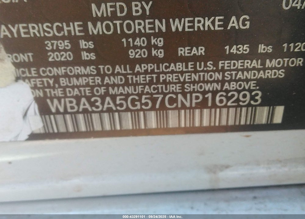 2012 BMW 3 SERIES VIN: WBA3A5G57CNP16293
