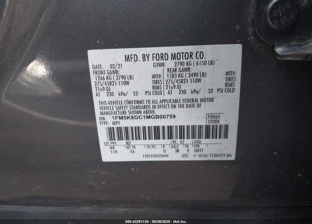 2021 FORD EXPLORER ST VIN: 1FM5K8GC1MGB00759