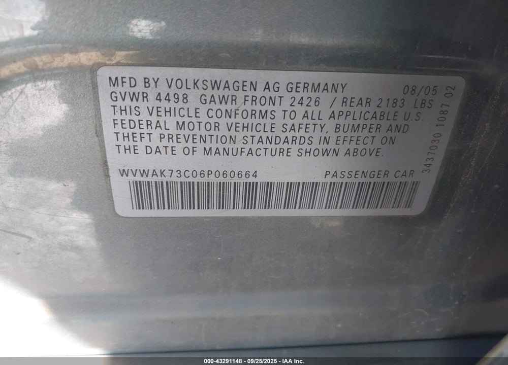 2006 VOLKSWAGEN PASSAT VIN: WVWAK73C06P060664