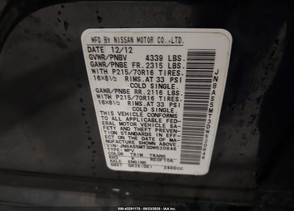 2013 NISSAN ROGUE S VIN: JN8AS5MT3DW520846