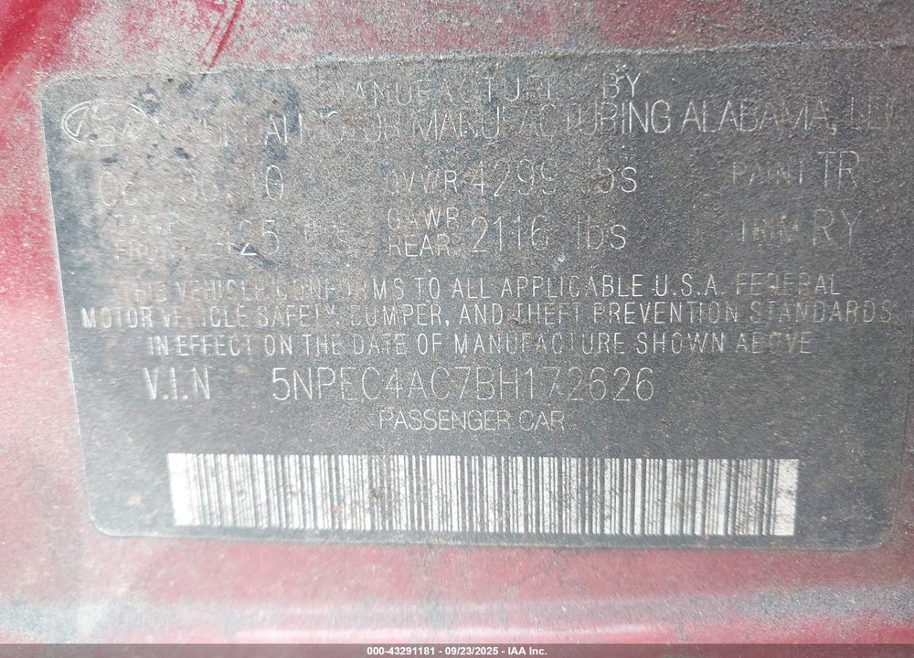 2011 HYUNDAI SONATA VIN: 5NPEC4AC7BH172626