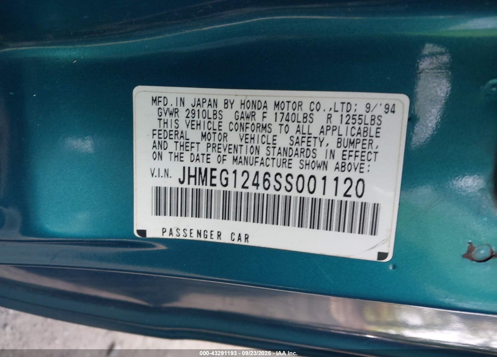 1995 HONDA CIVIC DEL SOL S VIN: JHMEG1246SS001120