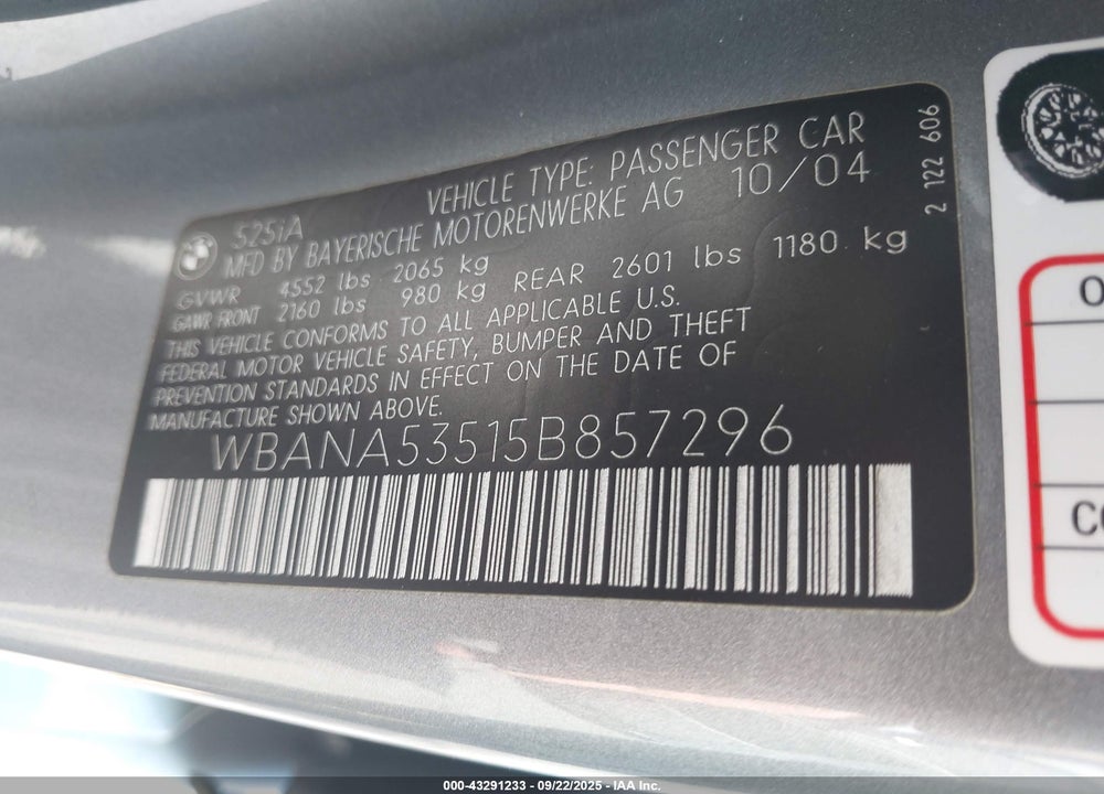 2005 BMW 525I VIN: WBANA53515B857296
