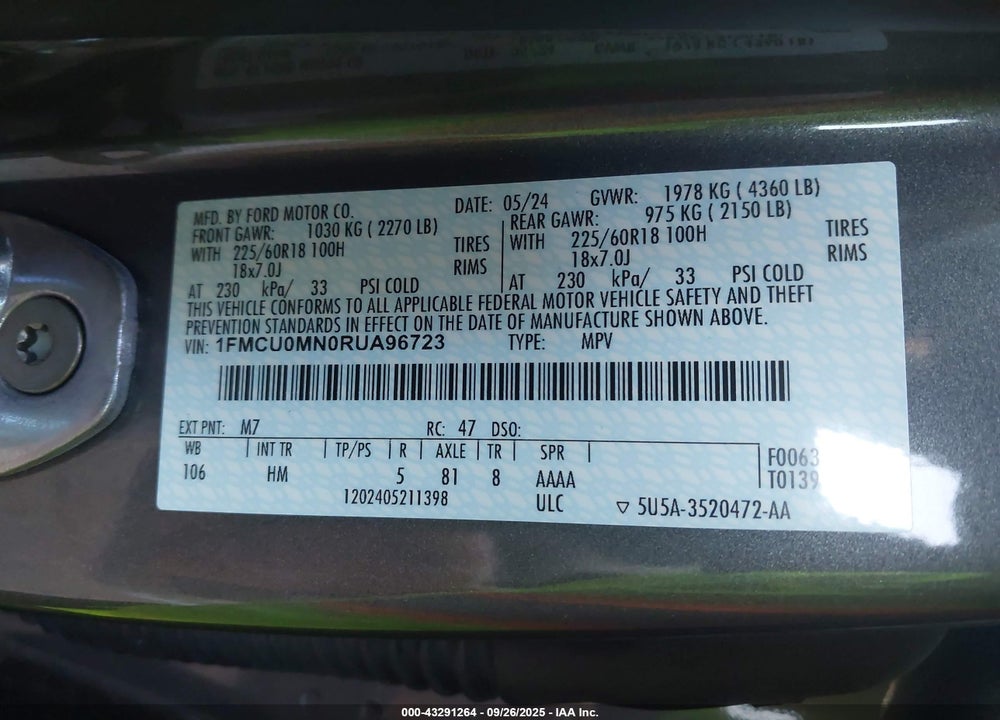 2024 FORD ESCAPE VIN: 1FMCU0MN0RUA96723