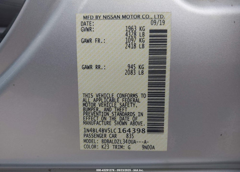 2020 NISSAN ALTIMA S FWD VIN: 1N4BL4BV5LC164398