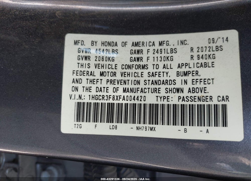 2015 HONDA ACCORD VIN: 1HGCR3F8XFA004420