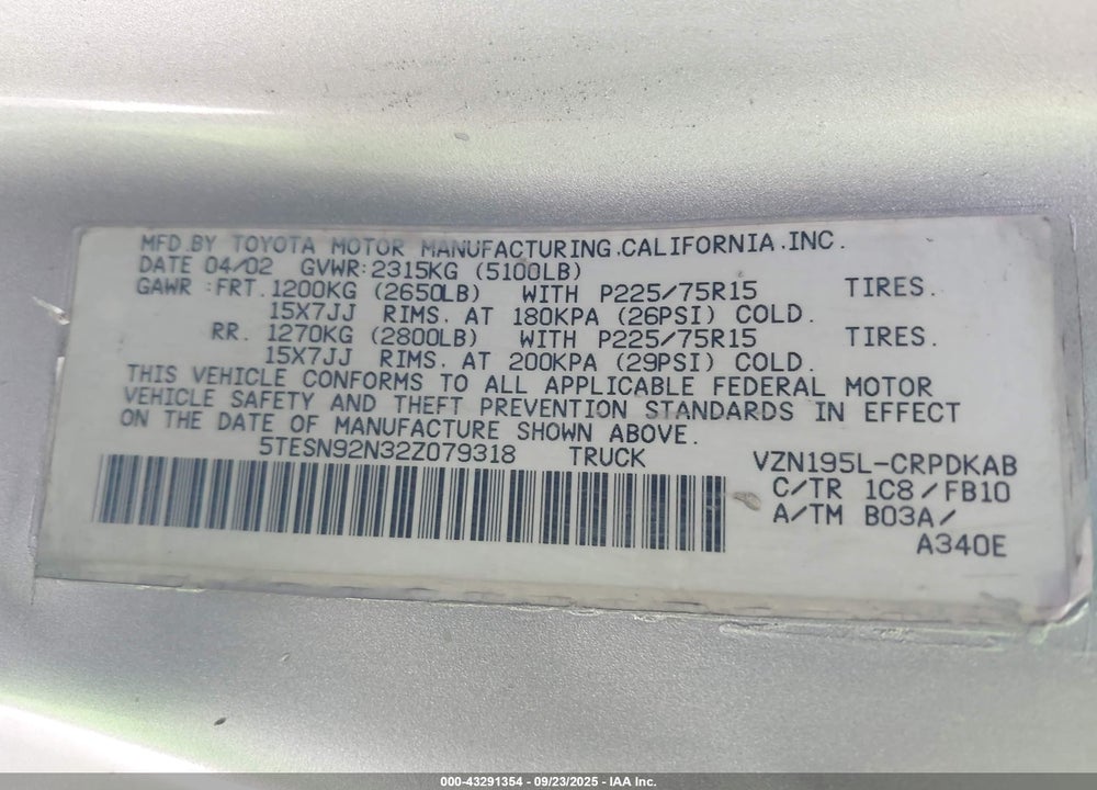 2002 TOYOTA TACOMA PRERUNNER V6 VIN: 5TESN92N32Z079318