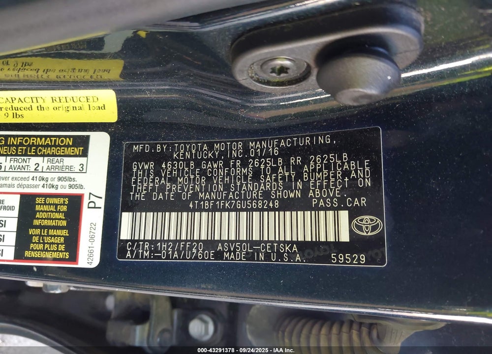 2016 TOYOTA CAMRY SE VIN: 4T1BF1FK7GU568248