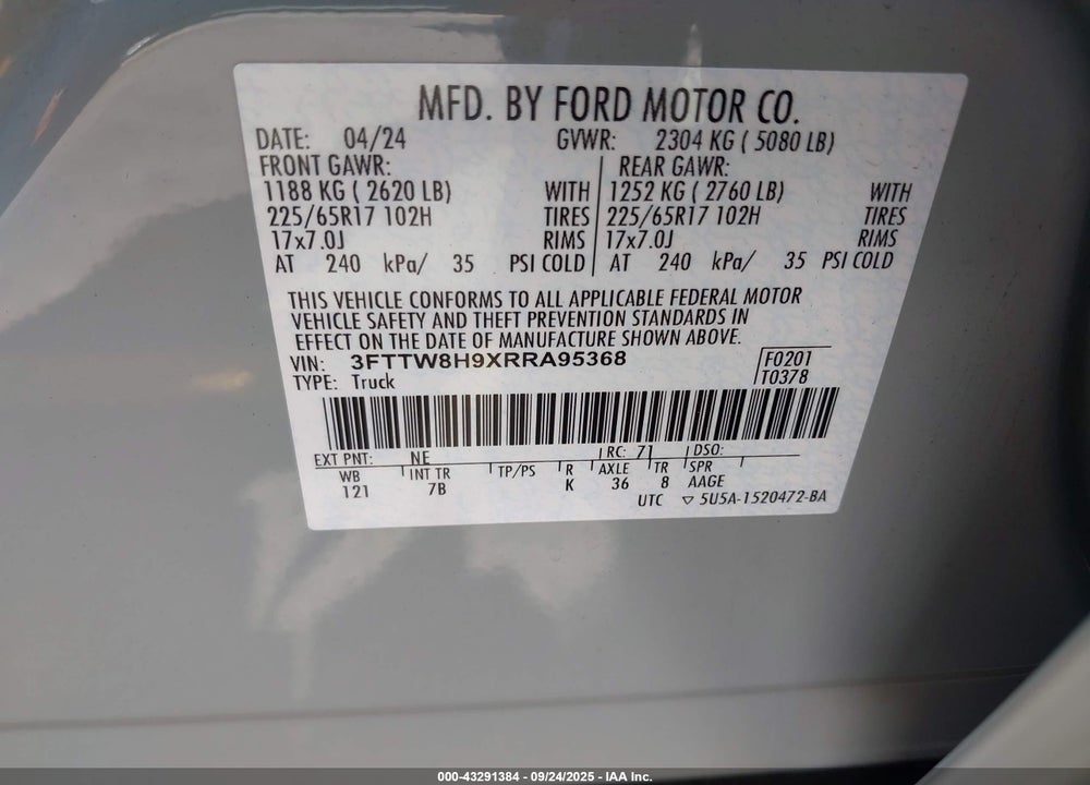 2024 FORD MAVERICK XLT VIN: 3FTTW8H9XRRA95368