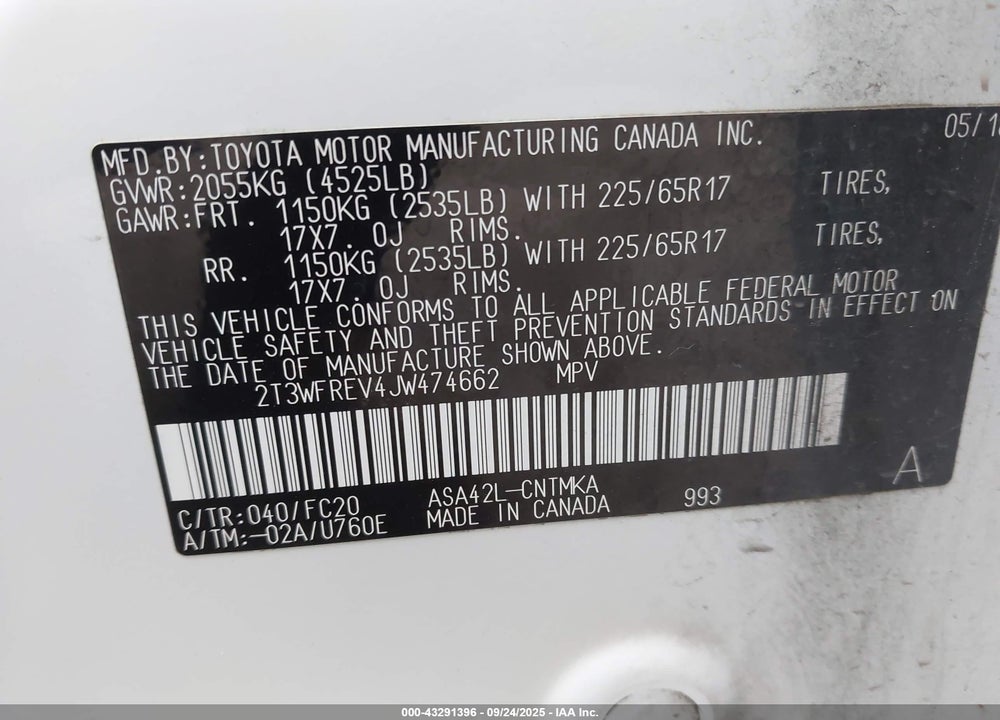 2018 TOYOTA RAV4 VIN: 2T3WFREV4JW474662