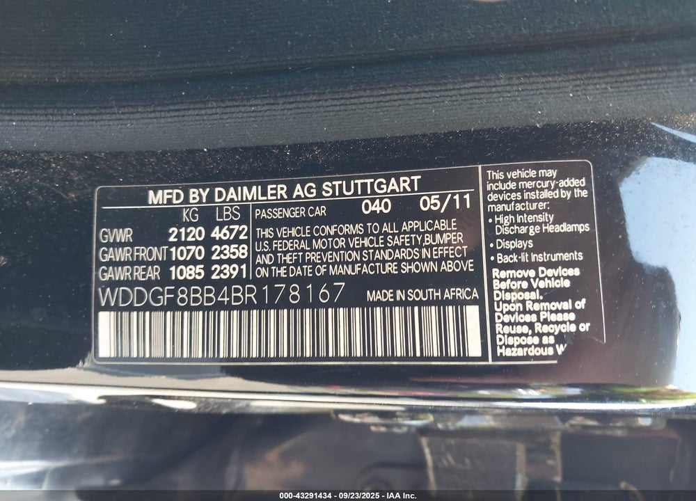 2011 MERCEDES-BENZ C CLASS VIN: WDDGF8BB4BR178167