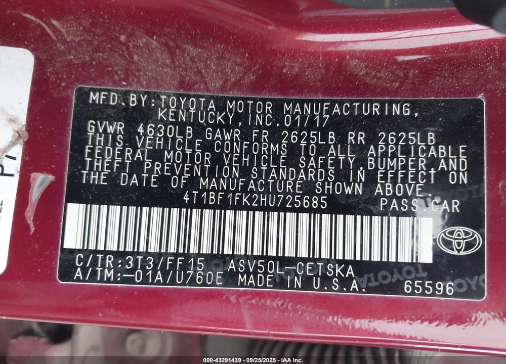 2017 TOYOTA CAMRY SE VIN: 4T1BF1FK2HU725685