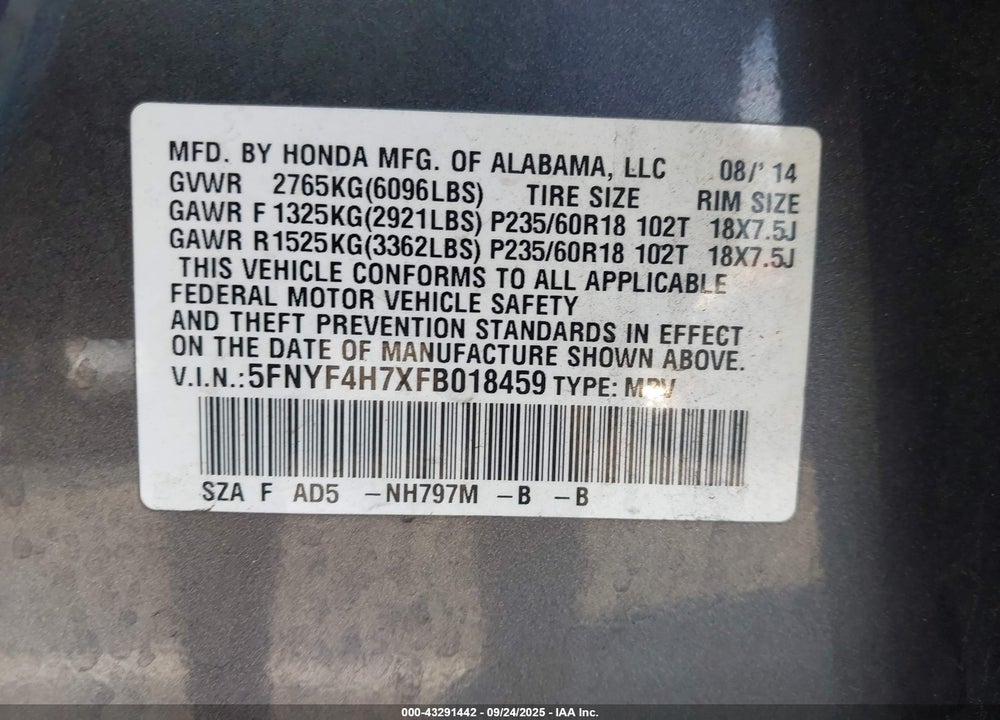 2015 HONDA PILOT VIN: 5FNYF4H7XFB018459