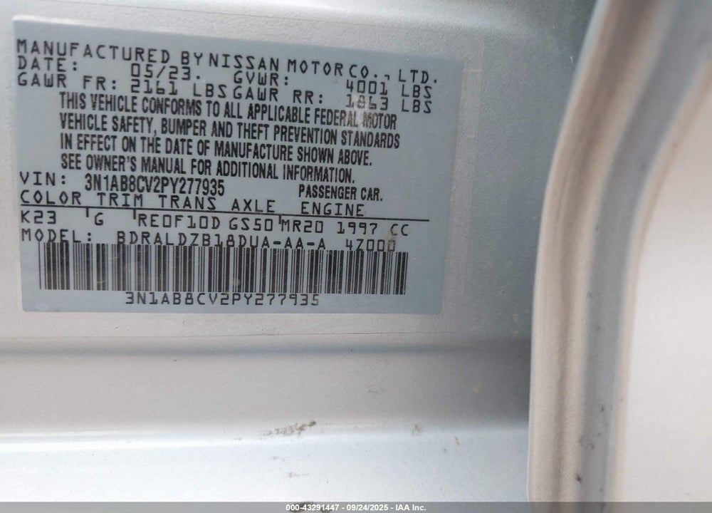 2023 NISSAN SENTRA SV XTRONIC CVT VIN: 3N1AB8CV2PY277935