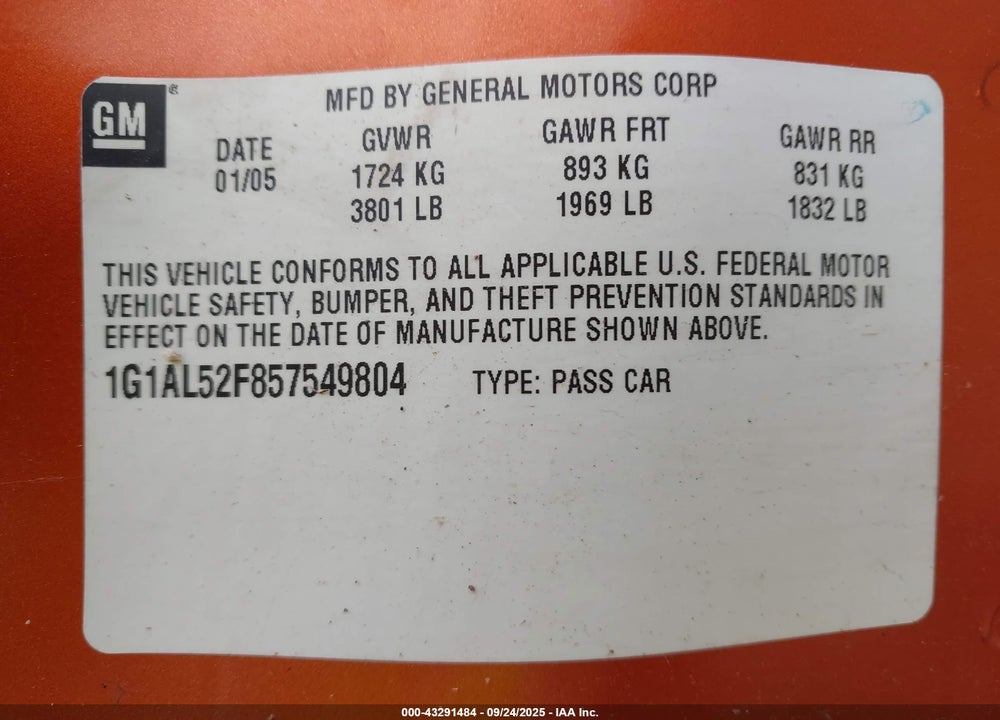 2005 CHEVROLET COBALT LS VIN: 1G1AL52F857549804